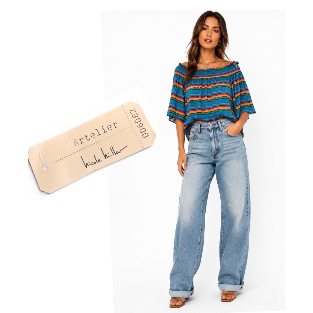 Artelier Nicole Miller Blue Multicolor Striped Silk Off The Shoulder Top BE10292